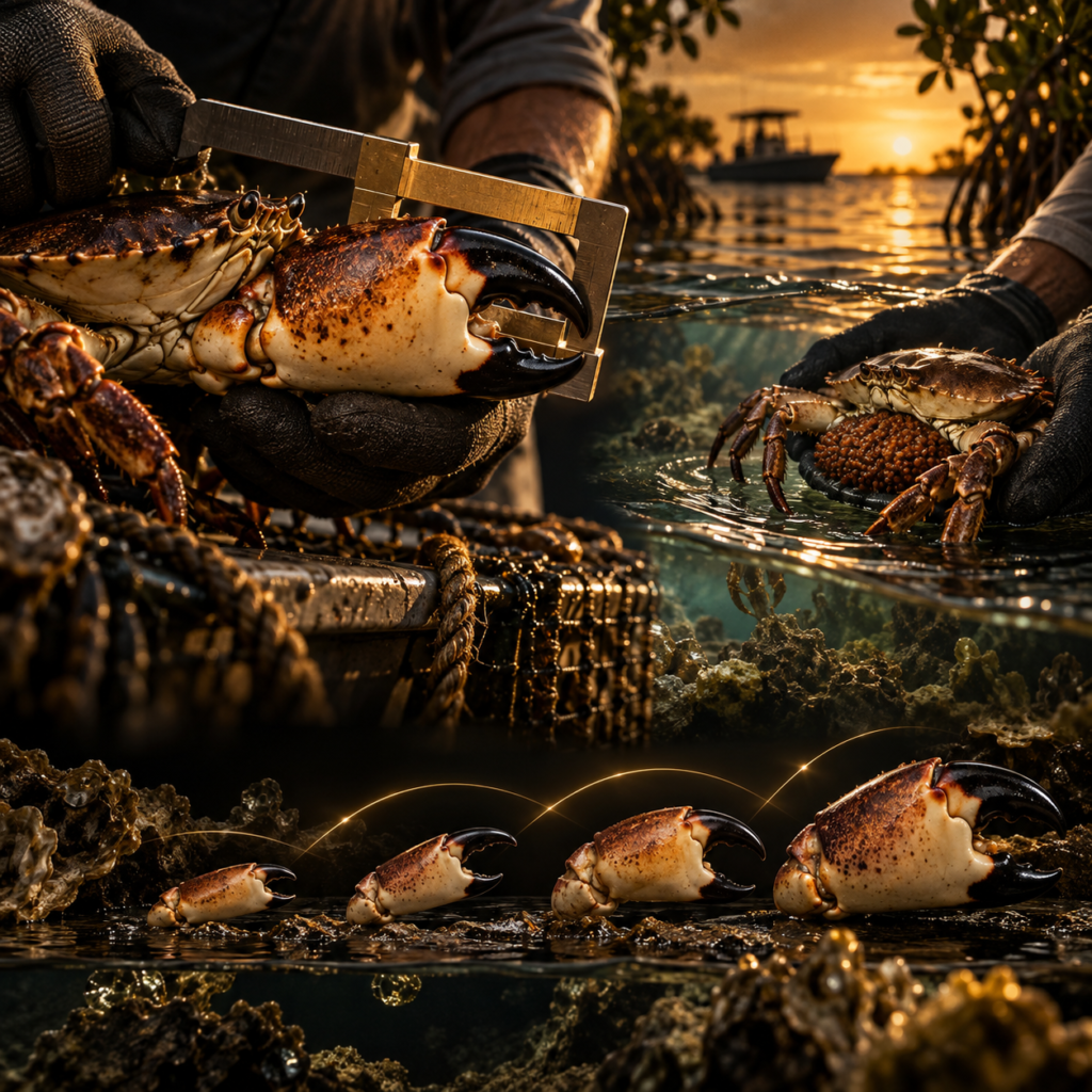 Sustainable stone crab harvest at sunset